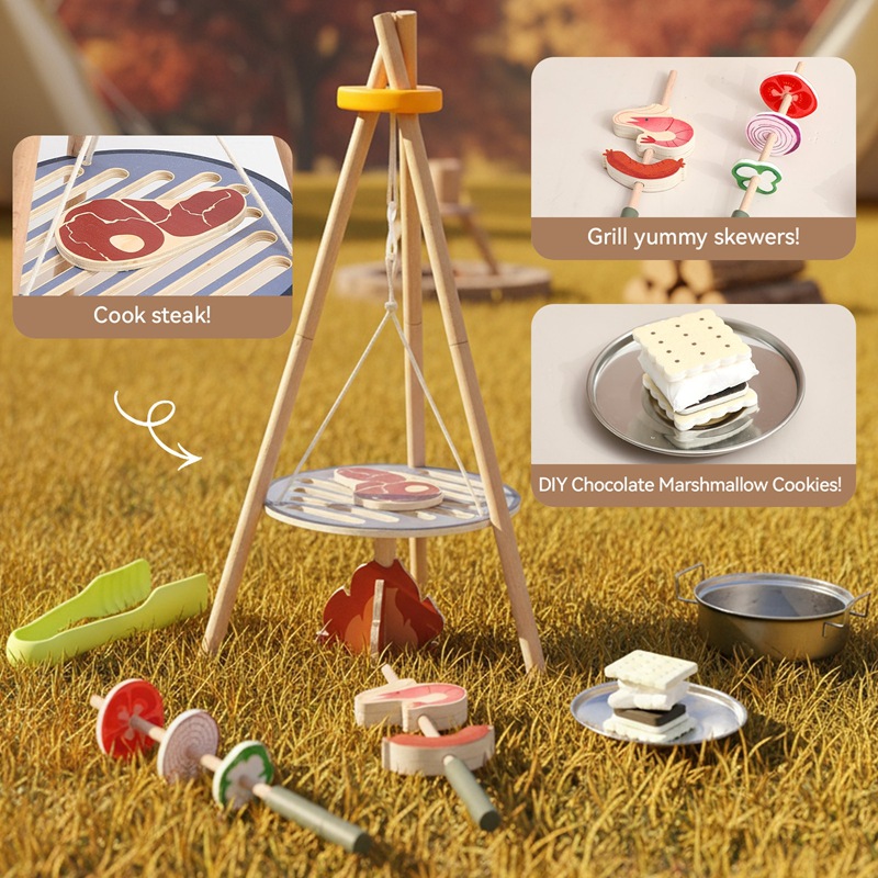 나무로 만든 어린이 캠핑 바비큐 장난감 세트, 삼각대  - Camping Cooking Gifts 리뷰 및 가격
